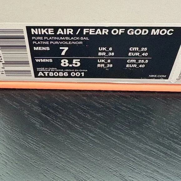 Nike Air Fear of God Moc Platinum/Black Women Size 8.5 Men 7 Unisex EUC - Picture 3 of 8